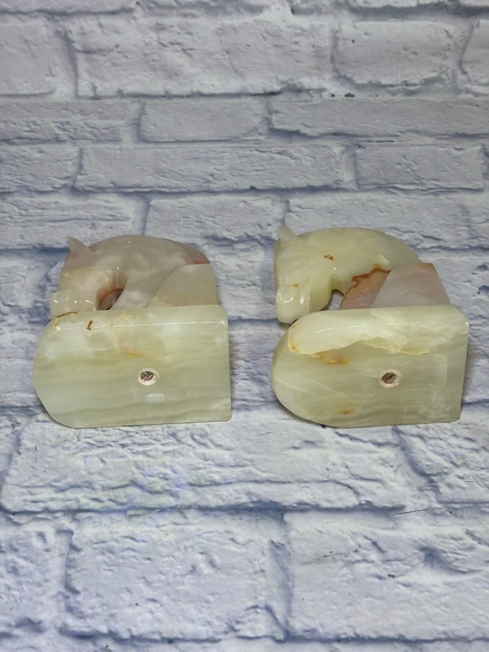 Vintage Hand-Carved Onyx Stone Trojan Horse Head Bookends MCM Art Deco